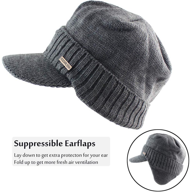 CAMOLAND 30% Wool Winter Beanie w/Visor & Earflaps for Men Outdoor Fleece Hat Scarf Set - Image 4